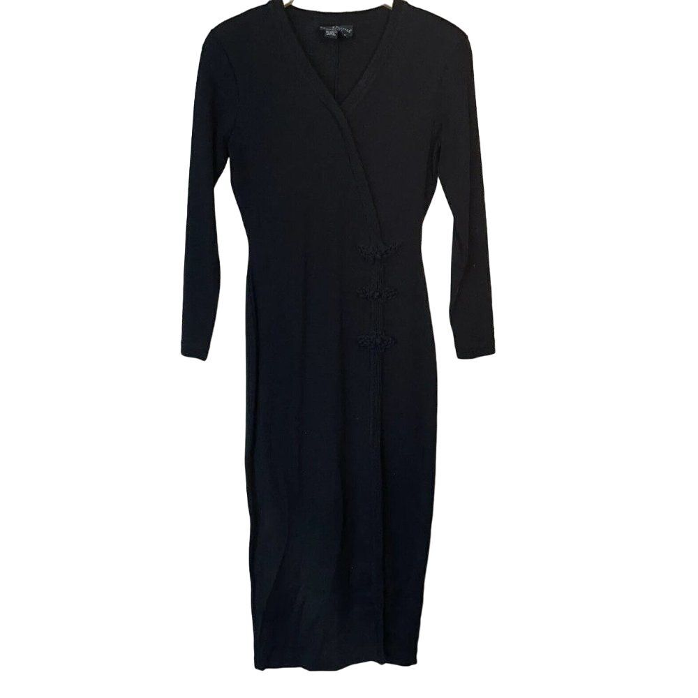 Vtg Carole Little Sweater Maxi Dress Black Wool Blend Knit Small‎ Asian Inspired